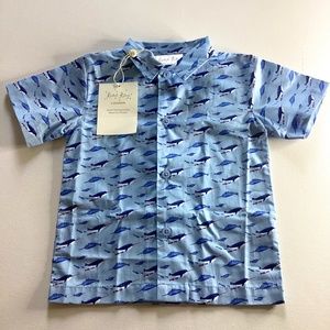 Rachel Riley blue Whale print cotton shirt size 18M